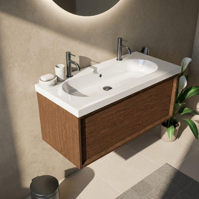 Saniclass Holz Frame Ensemble de meubles de salle de bains - 100x45x43.5cm - lavabo en céramique Palermo blanc - 1 vasque - 2 trous de robinet - 1 tiroir - walnut pure mat (bois)