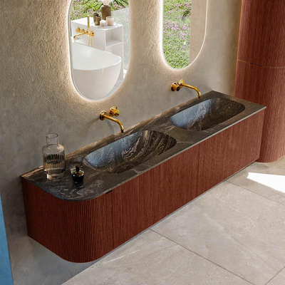 Mondiaz KURVE-DLUX Badkamermeubelset - 175x46x40cm - 2 lade - 1 deur - wastafel solid surface - dubbel / rechts - zonder kraangat - Ruby