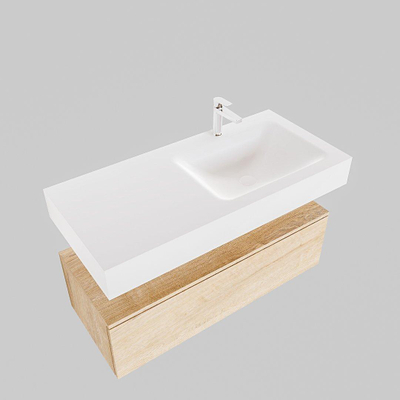 MONDIAZ ALAN 100cm - meuble bas - chêne blanchi - 1 tiroir - vasque suspendue - cuve à droite - 1 trou de robinet - talc