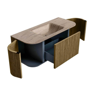 MONDIAZ KURVE-DLUX Meuble de salle de bains 110cm arrondi Gauche + Droite couleur Dusk avec 1 tiroir et 2 portes. Lavabo CLOUD Central sans trou de robinet Saba.