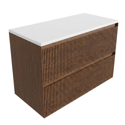 Saniclass Holz Atelier Ensemble de meuble de salle de bains - 100x45x62,5cm - plan de toilette Torino en solid surface blanc - sans trou de robinetterie - 2 tiroirs - noyer pur mat (bois)