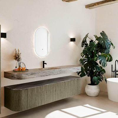 MONDIAZ THOR-DLUX 200cm meuble de salle de bains arrondi gauche + droite couleur Shadow avec 2 tiroirs et 2 portes. Vasque suspendue CLOUD Milieu 1 trou de robinet couleur Oza.