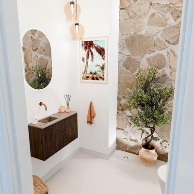 Mondiaz JOYA-DLUX 70cm toiletmeubel - kleur Walnut - Wastafel FAYE positie Links Zonder kraangat kleur Arena.