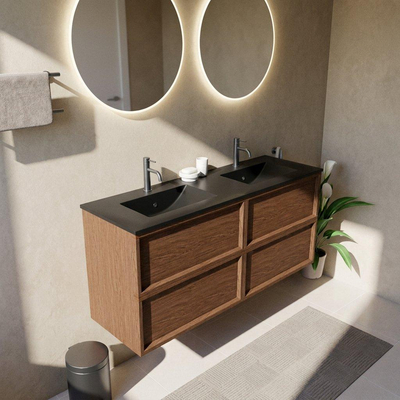 Saniclass Holz Frame Ensemble de meubles de salle de bains - 140x45x62cm - lavabo Vygo en céramique noir - 2 vasques - 2 trous de robinetterie - 4 tiroirs - walnut pure mat (bois)