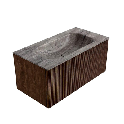 MONDIAZ KURVE-DLUX Meuble de salle de bains 90 cm couleur Walnut avec 1 tiroir et 0 porte. Lavabo BIG SMALL Central sans trou de robinet Oza.