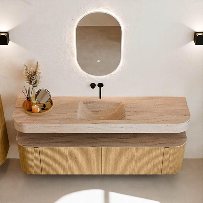 MONDIAZ THOR-DLUX 180cm badmeubel ronding links + rechts kleur Oak met 2 lades en 2 deuren. Vrijhangende wastafel CLOUD Midden zonder kraangat kleur Saba.