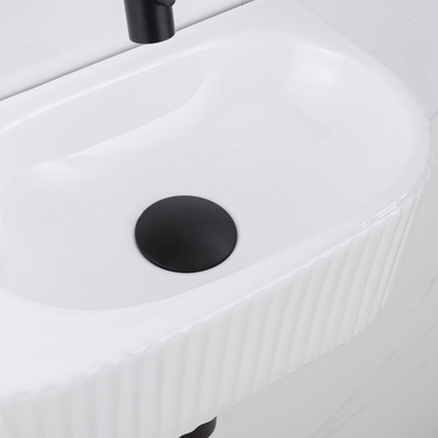 QeramiQ Fuente pack lave-mains – demi-rond – 40 x 21,5 x 12 cm – céramique blanc brillant – robinet noir mat – cannelé