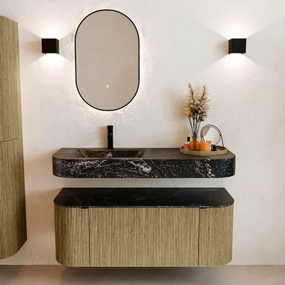 MONDIAZ THOR-DLUX 120cm meuble de salle de bains arrondi gauche + droite couleur Dusk avec 1 tiroir et 2 portes. Vasque suspendue CLOUD gauche 1 trou de robinet couleur Lava.