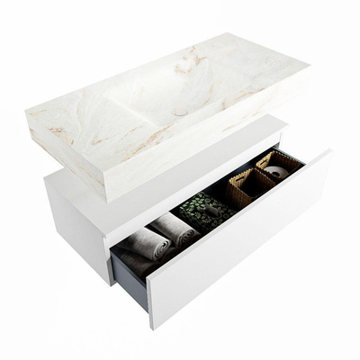 Mondiaz ALAN-DLUX Ensemble de meuble - 100cm - meuble Talc mat - 1 tiroir - Lavabo Cloud Frappe suspendu - vasque Centre - 0 trous de robinet