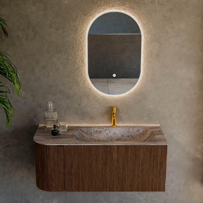 MONDIAZ KURVE-DLUX 105cm badmeubel ronding Links kleur Walnut met 1 lade en 1 deur. Wastafel BIG SMALL Rechts 1 kraangat Oza.