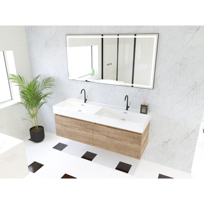 HR Matrix ensemble meuble de salle de bain 3d 140cm 2 tiroirs sans poignée avec bandeau en chêne français avec vasque kube 2 trous de robinetterie blanc