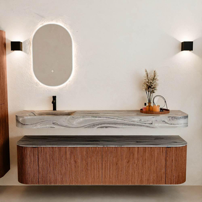 MONDIAZ THOR-DLUX 180cm meuble de salle de bains arrondi gauche + droite couleur Ruby avec 2 tiroirs et 2 portes. Vasque suspendue CLOUD Gauche 1 trou de robinet couleur Sombra.