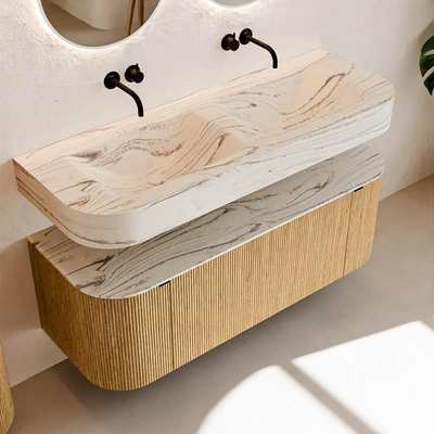 MONDIAZ THOR-DLUX 130cm meuble de salle de bains arrondi gauche + droite couleur Chêne avec 1 tiroir et 2 portes. Vasque suspendue CLOUD Double sans trou de robinet couleur Nata.