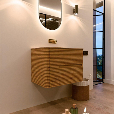 Mondiaz CIRO-DLUX Badkamermeubelset - 70x45x50cm - Solid surface wastafel Arena - 1 wasbak Midden - zonder kraangaten - 2 lades - Oak