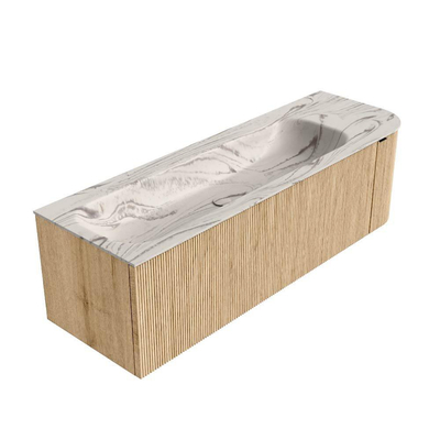 MONDIAZ KURVE-DLUX Meuble de salle de bains 145cm arrondi à droite couleur Chêne avec 1 tiroir et 1 porte. Lavabo BIG LARGE à gauche 1 trou de robinet Nata.