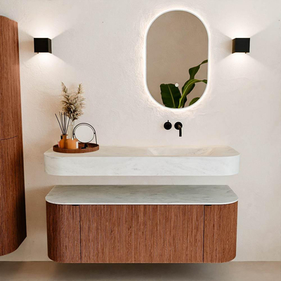 MONDIAZ THOR-DLUX 130cm meuble de salle de bains arrondi gauche + droite couleur Ruby avec 1 tiroir et 2 portes. Vasque suspendue CLOUD Droite sans trou de robinet couleur Opalo.