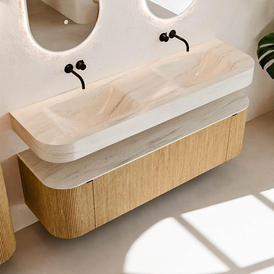 MONDIAZ THOR-DLUX 160cm meuble de salle de bains arrondi gauche + droite couleur Oak avec 1 tiroir et 2 portes. Vasque suspendue CLOUD Double sans trou de robinet couleur Meli.