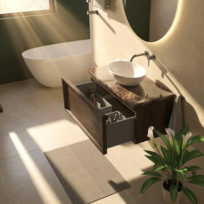 Saniclass Holz Frame Ensemble de meubles de salle de bains - 100x45x43cm - Plan en pierre naturelle Noche dark emperador - sans trou de robinet - 1 tiroir - chêne charcoal mat (bois)