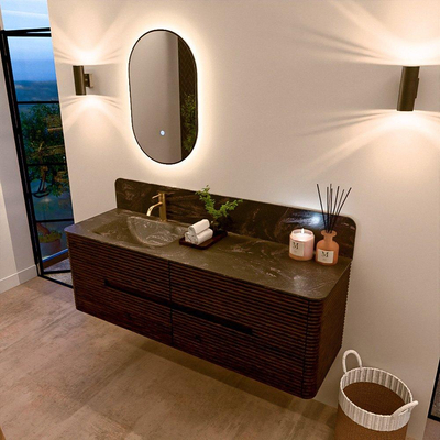 Mondiaz CIRO-DLUX Meuble de salle de bains – 150x45x50cm – Vasque solid surface Lava – 1 lavabo à gauche – 1 trou de robinet – 4 tiroirs – Noyer