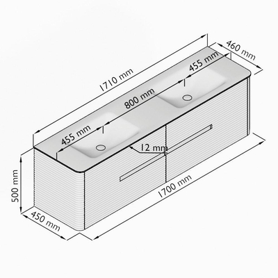 Mondiaz CIRO-DLUX Badkamermeubelset - 170x45x50cm - Solid surface wastafel Sombra - 2 wasbak Dubbel - zonder kraangaten - 4 lades - Ruby