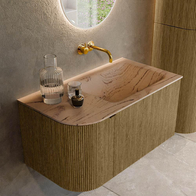 MONDIAZ KURVE-DLUX meuble de salle de bains 85cm arrondi gauche couleur Dusk avec 1 tiroir et 1 porte. Lavabo CLOUD à droite sans trou de robinet Arena.