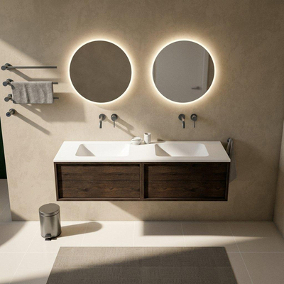 Saniclass Holz Frame Ensemble meuble de salle de bains - 160x45x57.5cm - vasque Torino en solid surface blanc - sans trou de robinet - 2 tiroirs - chêne charcoal mat (bois)
