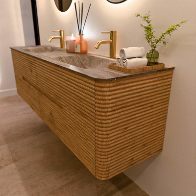 Mondiaz CIRO-DLUX Badkamermeubelset - 170x45x50cm - Solid surface wastafel Oza - 2 wasbak Dubbel - 2 kraangaten - 4 lades - Oak