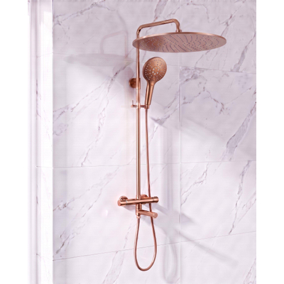 Fortifura Calvi Regendoucheset - thermostatisch - 30cm hoofddouche - gladde slang - ronde handdouche - draaibare baduitloop - geborsteld koper PVD