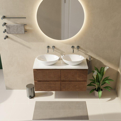 Saniclass Holz Atelier Ensemble de meubles de salle de bains - 120x45x63cm - Plan vasque en marbre Dia poli (blanc) - sans trou de robinet - 2 tiroirs - walnut pure mat (bois)