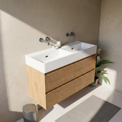 Saniclass Holz Atelier Ensemble de meubles de salle de bains - 120x45x72cm - Legend lavabo en céramique blanc - 2 vasques - sans trous de robinetterie - 2 tiroirs - chêne natural mat (bois)