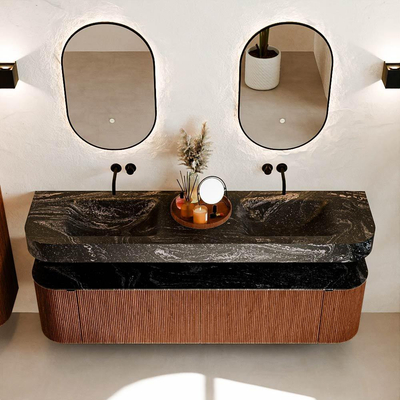 MONDIAZ THOR-DLUX 180cm meuble de salle de bains arrondi gauche + droite couleur Ruby avec 2 tiroirs et 2 portes. Vasque suspendue CLOUD Double sans trou de robinet couleur Lava.