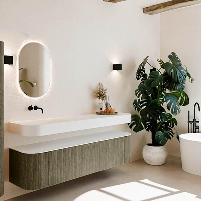 MONDIAZ THOR 180cm meuble de salle de bains arrondi gauche + droite couleur Shadow avec 2 tiroirs et 2 portes. Vasque suspendue CLOUD Gauche sans trou de robinet couleur Talc.