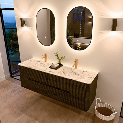 Mondiaz CIRO-DLUX Badkamermeubelset - 150x45x50cm - Solid surface wastafel Glace - 2 wasbak Dubbel - 2 kraangaten - 4 lades - Shadow