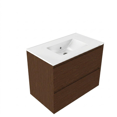 Saniclass Holz Pure Ensemble de meubles de salle de bains - 80x45x62cm - lavabo Vygo en céramique blanc - 1 vasque - sans trou de robinet - 2 tiroirs - walnut pure mat (bois)