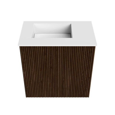 Mondiaz JOYA 40cm toiletmeubel - kleur Walnut - Wastafel FAYE positie Links 1 kraangat kleur Talc.