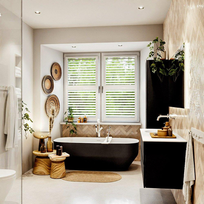 MONDIAZ VICA meuble sous lavabo 120cm Urban 2 tiroirs. Lavabo MOON gauche sans trou de robinet, couleur Talc.