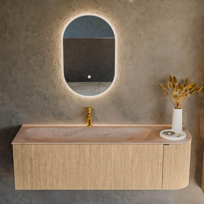 MONDIAZ KURVE-DLUX Meuble de salle de bains 145cm arrondi à droite couleur chêne avec 1 tiroir et 1 porte. Lavabo BIG LARGE à gauche 1 trou de robinet Saba.
