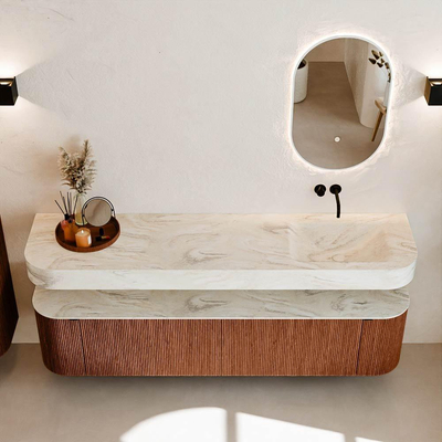 MONDIAZ THOR-DLUX Meuble de salle de bains - 190cm - arrondi gauche + droite - couleur Ruby - 2 tiroirs et 2 portes - Vasque suspendue CLOUD Droite sans trou de robinet - couleur Ostra