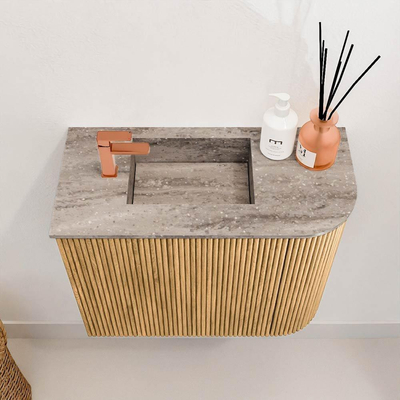 Mondiaz JOYA-DLUX Meuble de toilette 51,6cm - arrondi droit couleur Chêne - Vasque FAYE position Gauche 1 trou de robinet couleur Oza