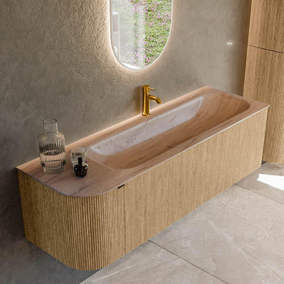 MONDIAZ KURVE-DLUX Meuble de salle de bains 145cm arrondi à gauche couleur Oak avec 1 tiroir et 1 porte. Lavabo BIG LARGE à droite 1 trou de robinet Saba.