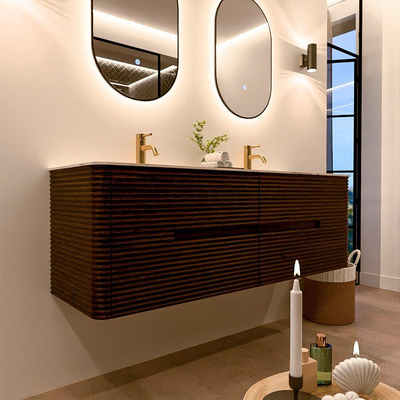 Mondiaz CIRO-DLUX Badkamermeubelset - 150x45x50cm - Solid surface wastafel Nata - 2 wasbak Dubbel - 2 kraangaten - 4 lades - Walnut