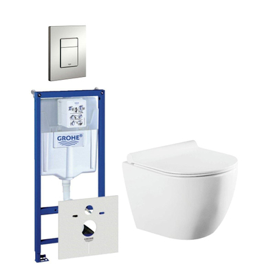QeramiQ Salina Compact toiletset bestaande uit inbouwreservoir, compact wandcloset met toiletzitting en bedieningsplaat verticaal/horizontaal mat chroom