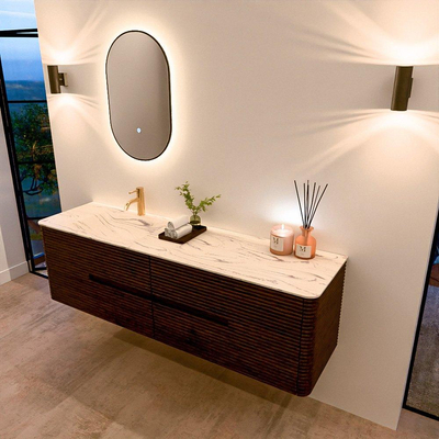 Mondiaz CIRO-DLUX Badkamermeubelset - 170x45x50cm - Solid surface wastafel Nata - 1 wasbak Links - 1 kraangat - 4 lades - Walnut