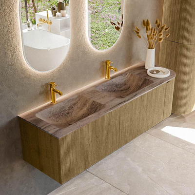 MONDIAZ KURVE-DLUX Meuble de salle de bains 155cm arrondi à droite couleur Dusk avec 2 tiroirs et 1 porte. Lavabo LEAF Double / Gauche 2 trous de robinet Oza.