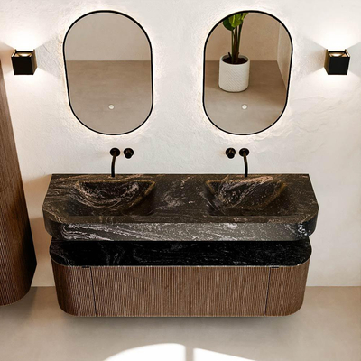 MONDIAZ THOR-DLUX 150cm badmeubel ronding links + rechts kleur Walnut met 1 lade en 2 deuren. Vrijhangende wastafel CLOUD Dubbel zonder kraangat kleur Lava.