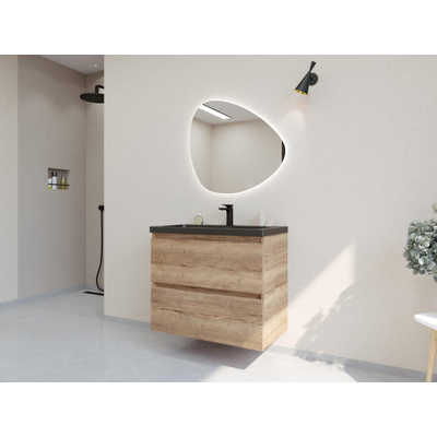 H&R Badmeubelen Infinity XXL 3D Badkamermeubelset - 80 cm - 1 keramische wasbak djazz mat zwart - 1 kraangat - 2 lades - french oak