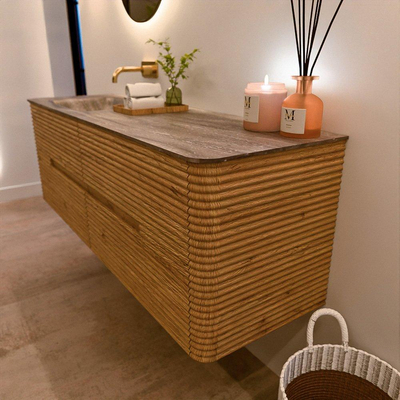 Mondiaz CIRO-DLUX Badkamermeubelset - 150x45x50cm - Solid surface wastafel Oza - 1 wasbak Links - zonder kraangaten - 4 lades - Oak