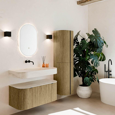 MONDIAZ THOR-DLUX 100cm meuble de salle de bains arrondi gauche + droite couleur Dusk avec 1 tiroir et 2 portes. Vasque suspendue CLOUD Milieu sans trou de robinet couleur Meli.