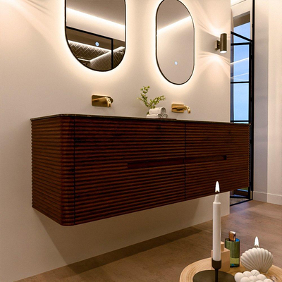 Mondiaz CIRO-DLUX Meuble de salle de bains - 160x45x50cm - Plan-vasque solid surface Lava - 2 vasques Double - sans trous de robinetterie - 4 tiroirs - Ruby