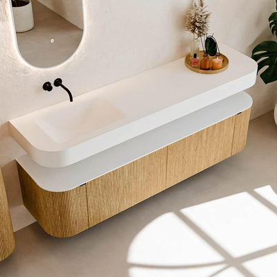 MONDIAZ THOR 180cm meuble de salle de bains arrondi gauche + droite couleur Oak avec 2 tiroirs et 2 portes. Vasque suspendue CLOUD Gauche sans trou de robinet couleur Talc.